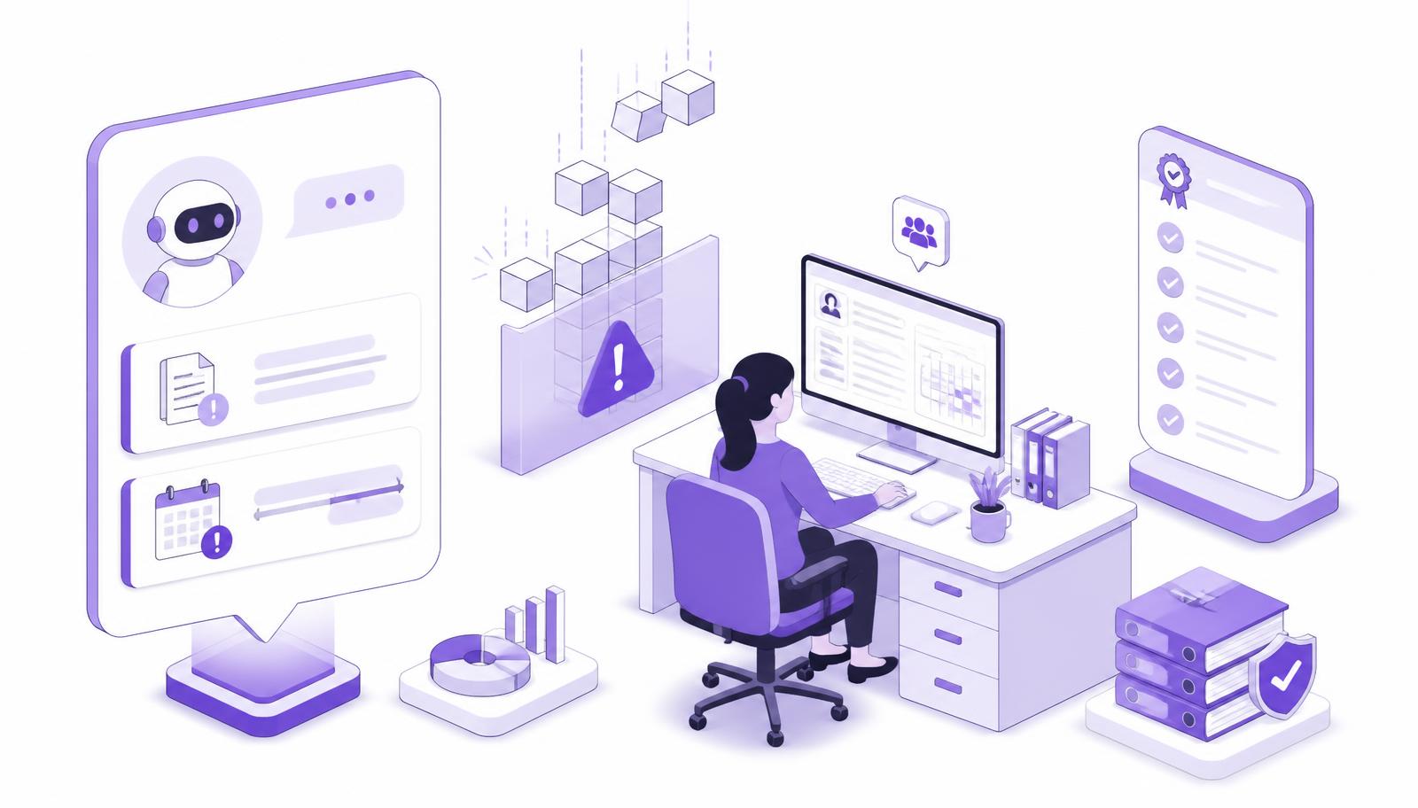 Isometric illustration of a site coordinator using an AI copilot showing visit window timing, required assessment checklists and grounded protocol answers at the research site